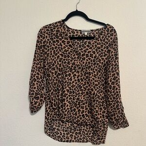Pleione Cheetah Black and Brown 3/4 Sleeve Hi-Low Blouse